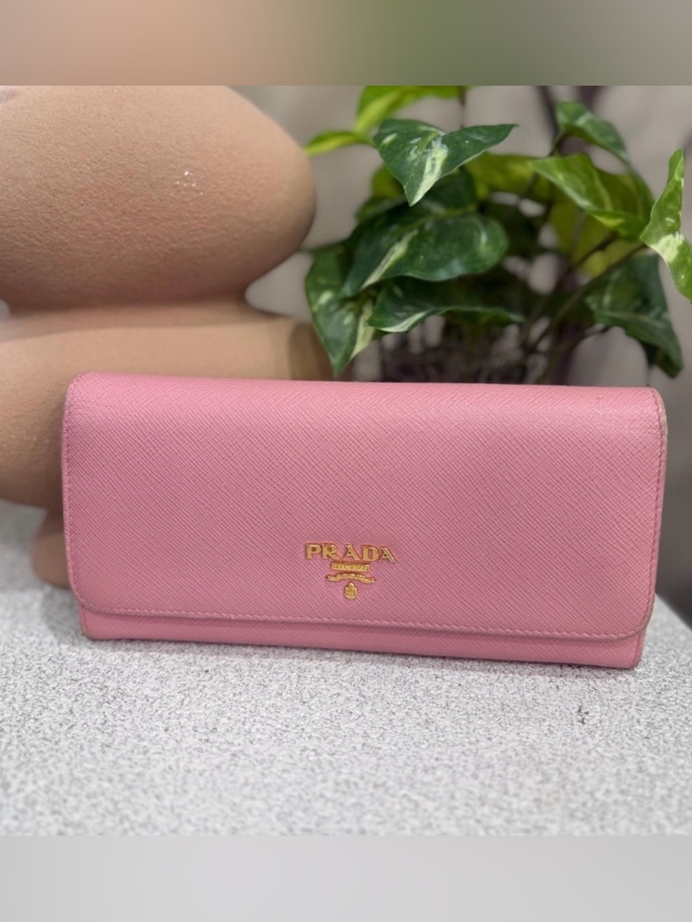 Prada Pink Saffiano Continental Wallet with Gold Logo